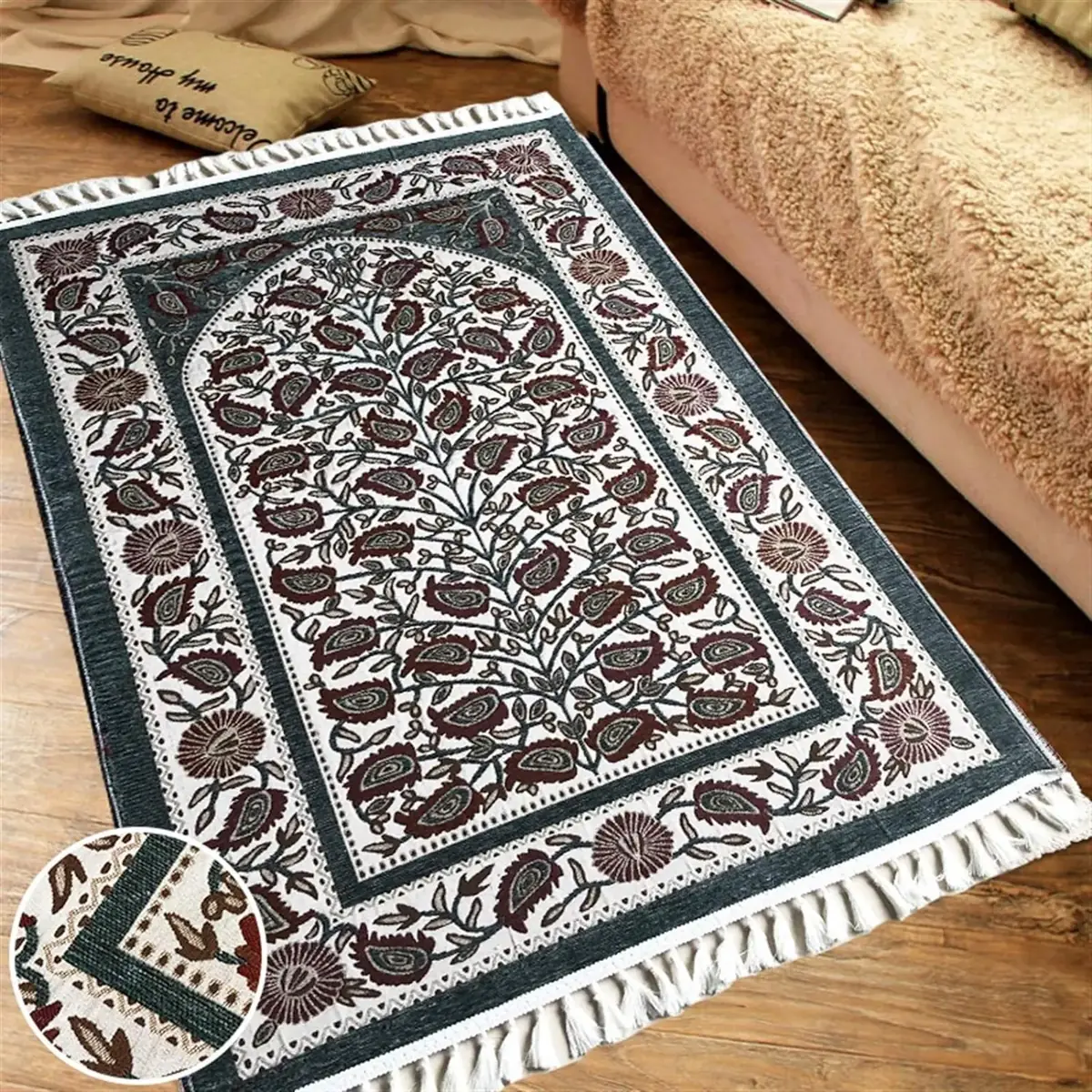 A prayer rug laid out for Salah